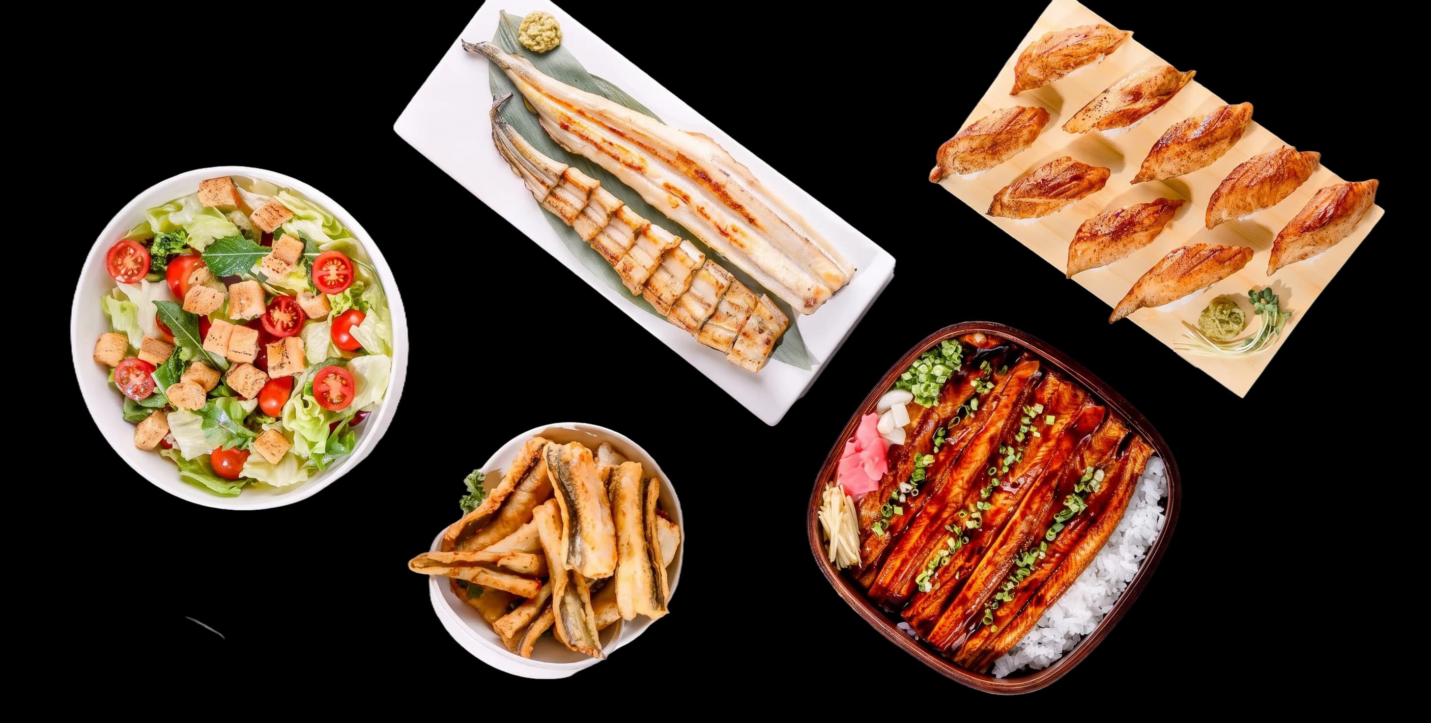 Grilled eel, eel sushi, fried eel, eel rice bowl and salad dishes