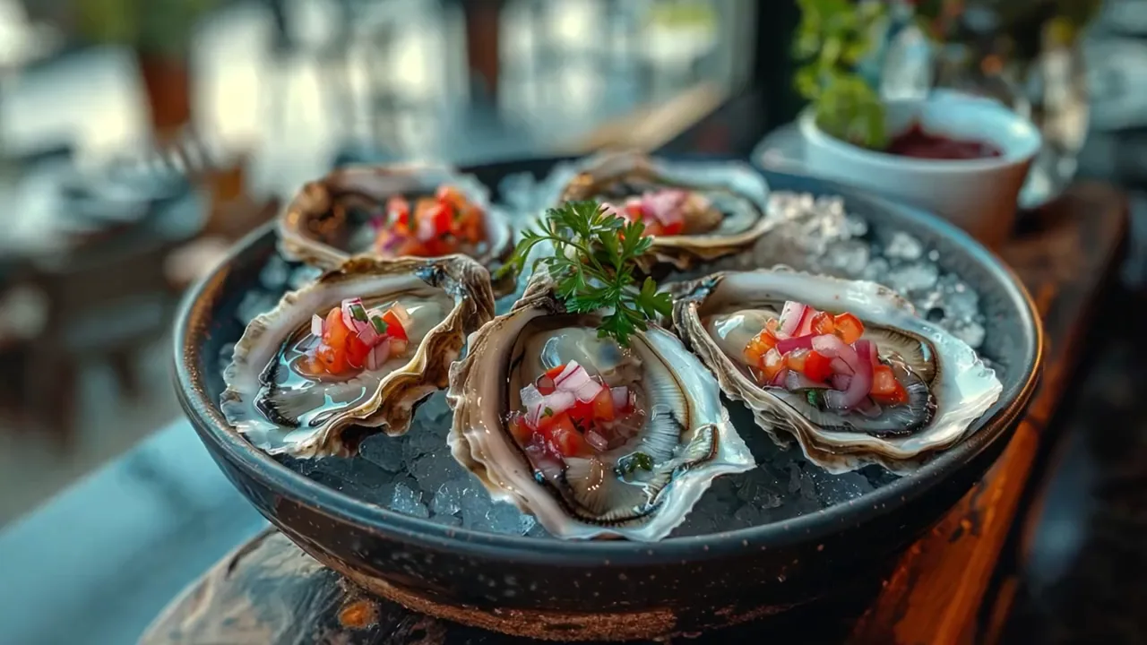 Oysters topped with tomato served on ice